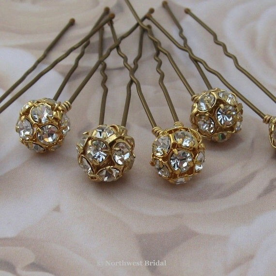 Gold Rhinestone Wedding Veil Hair Pins 10mm set by NorthwestBridal