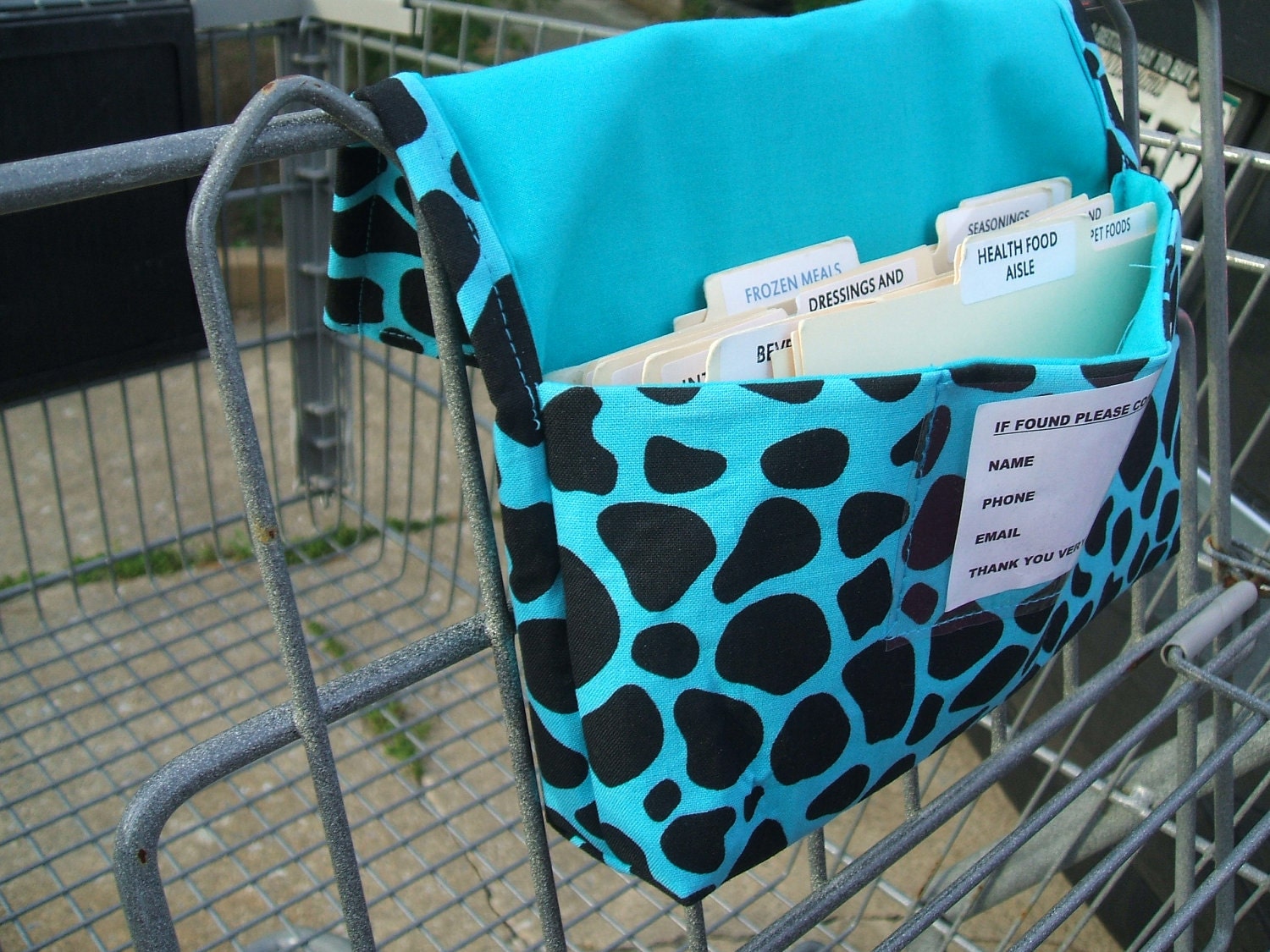 Coupon Organizer Holder Turquoise and Black Cow Print Fabric with Turquoise Lining