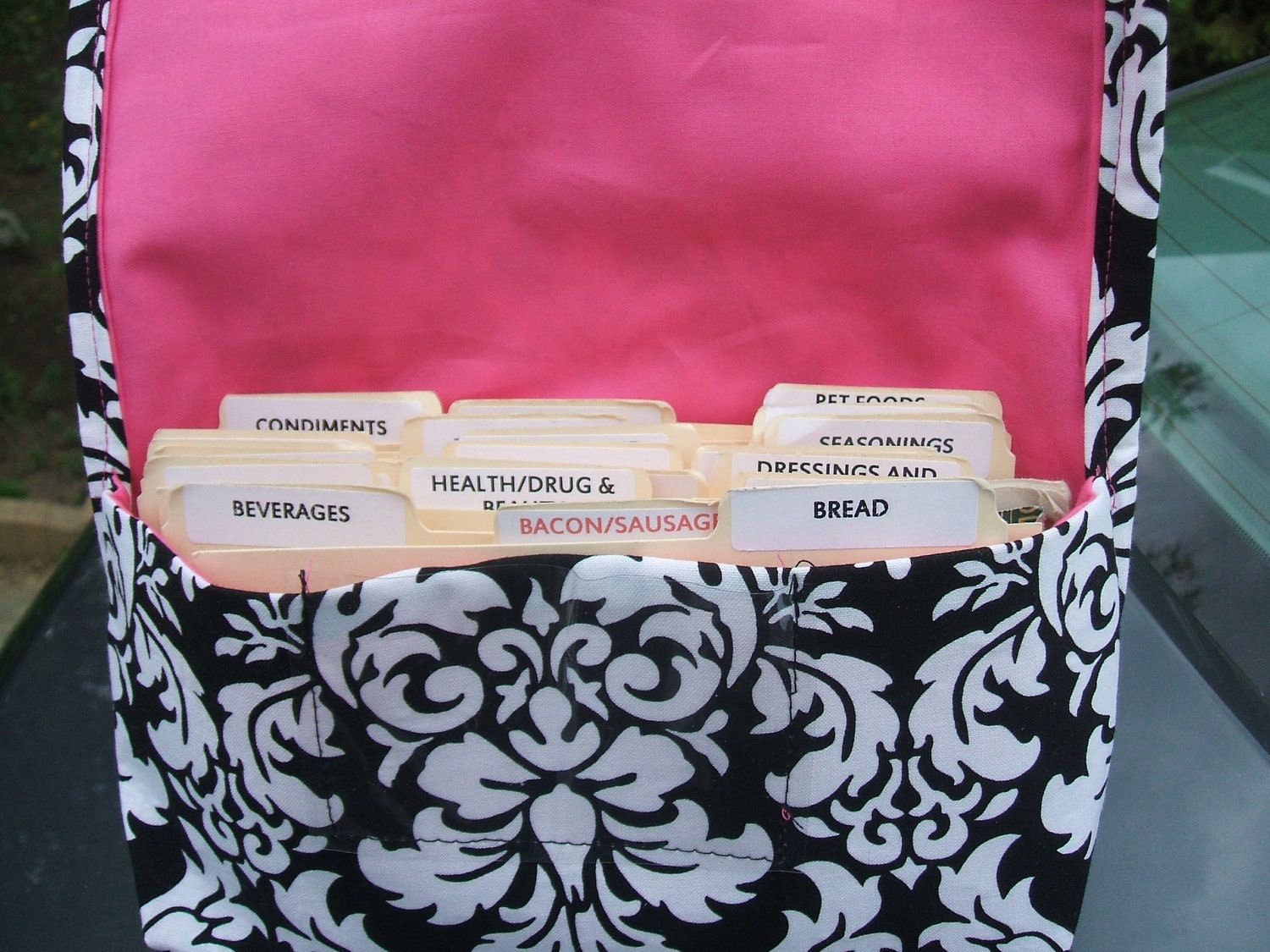 Coupon Organizer Holder Damask Fabric Black and White with Pink Lining