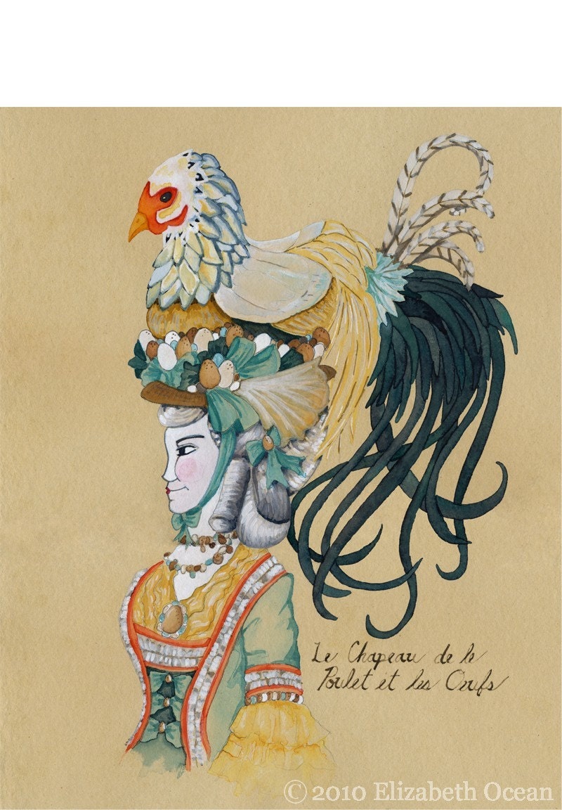 Chicken Egg Nest Bird Kitchen Art Marie Antoinette 5x7 watercolor print