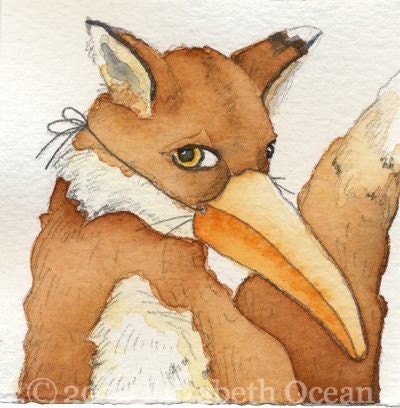 Fox bird mask disguise folk art watercolor print