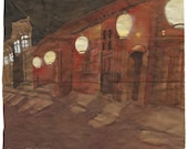 Chinese Lantern City Art Upcycled Paper Bag Gouache Watercolor Print