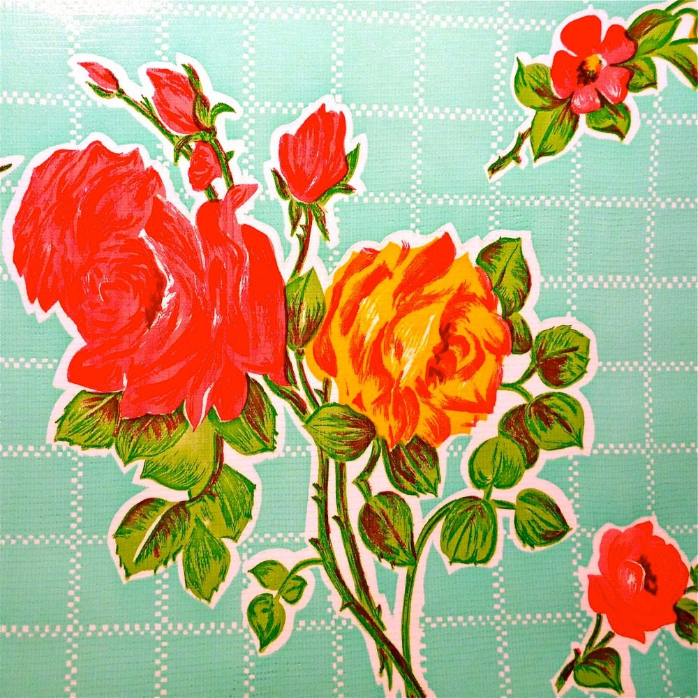 Oilcloth Yardage Roses on Aqua - Oilcloth Addict 