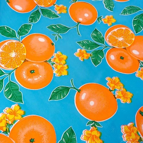 Oranges on Blue Oilcloth Yardage from Oilcloth Addict 