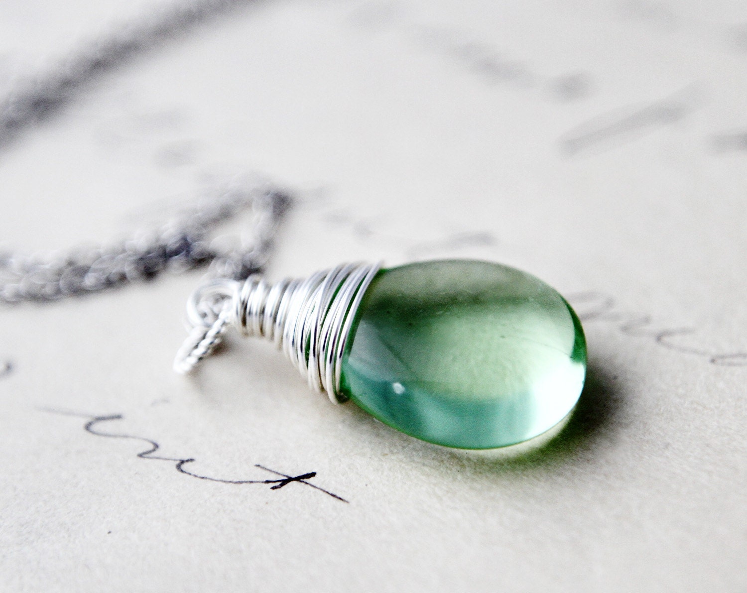 Mint Necklace Sea Foam Green Sterling Silver Pendant Simplistic
