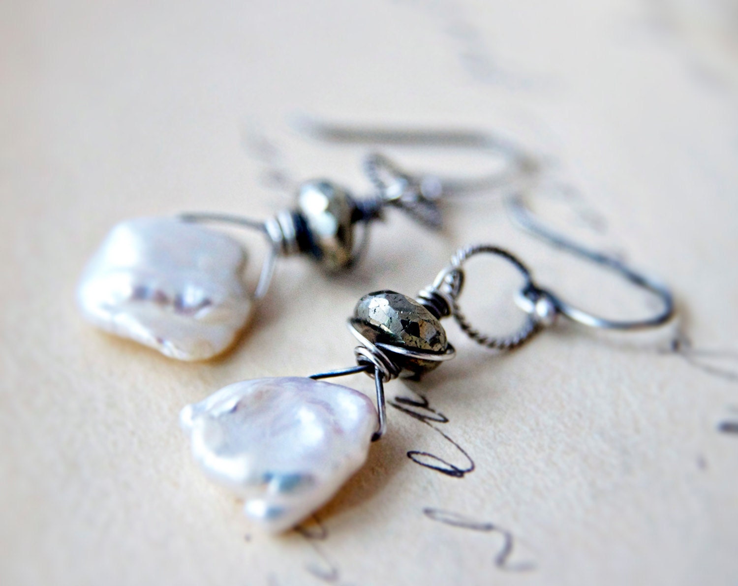 Pearl Earrings Sterling Silver Freshwater Pearls Keishi Ivory Pearl Pyrite under 50 Fashion