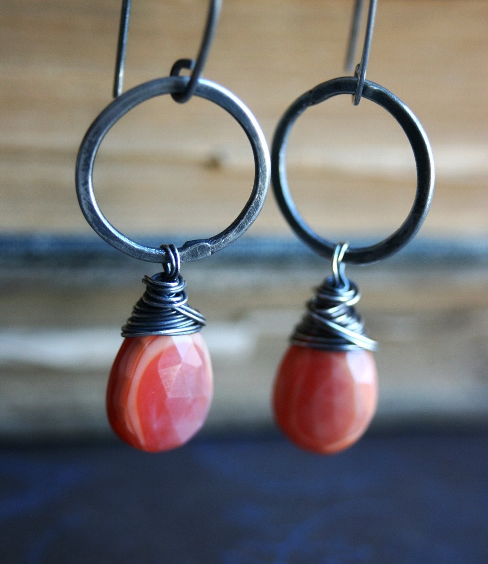 Magma Earrings Mexican Fire Opal on Oxidized Sterling and Fine Silver