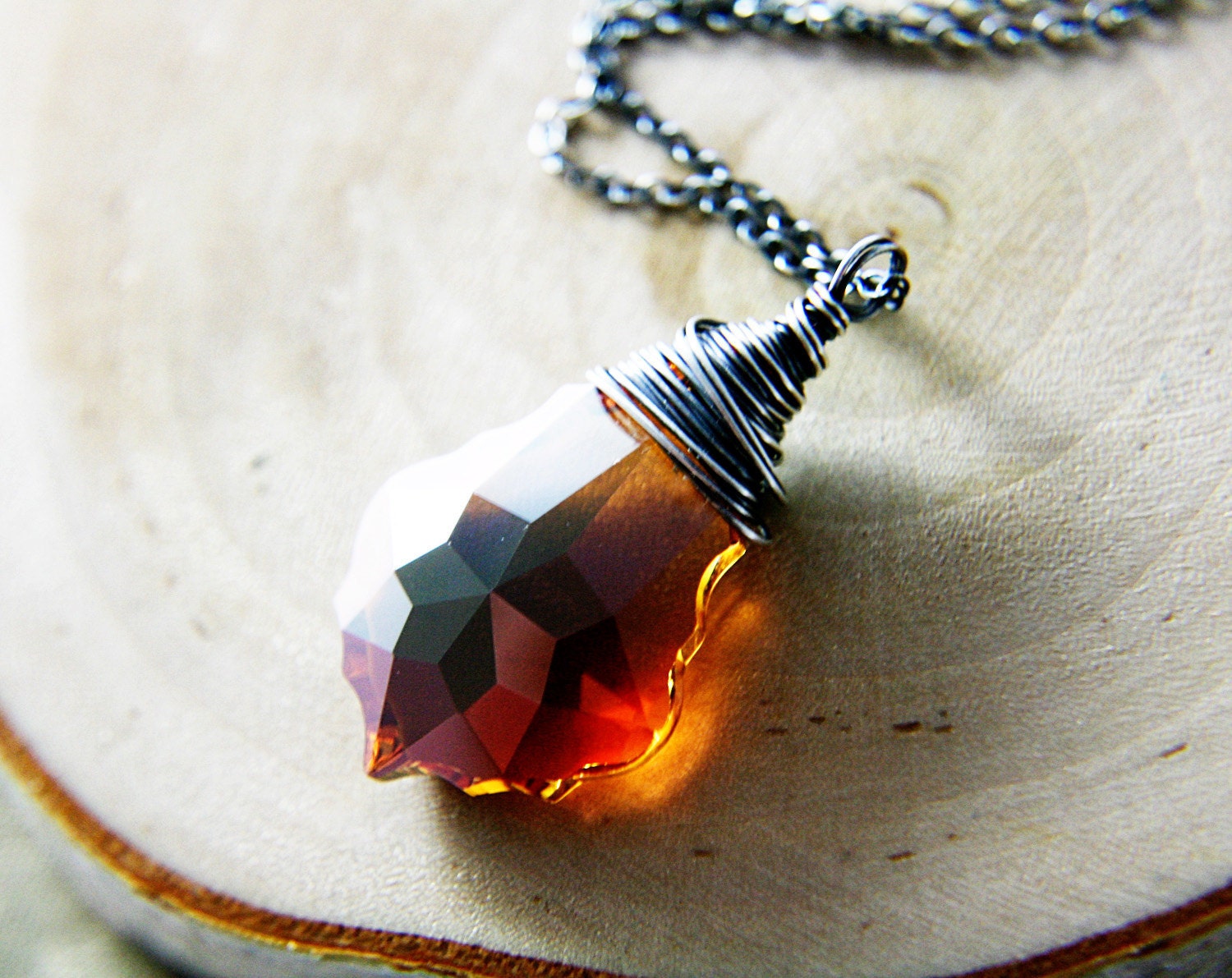 Crystal Wire Wrapped Necklace Orange Swarovski Crystal Oxidized Sterling Silver Fashion