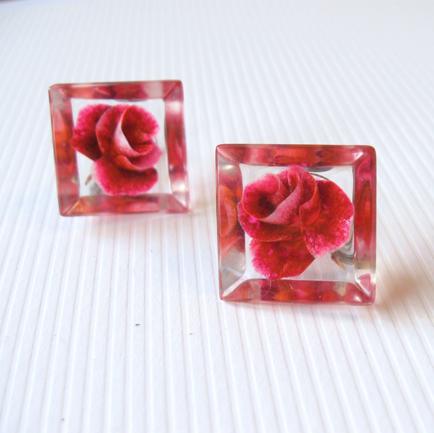 Vintage Rose Earrings in Square Resin Cubes - Three Dimensional