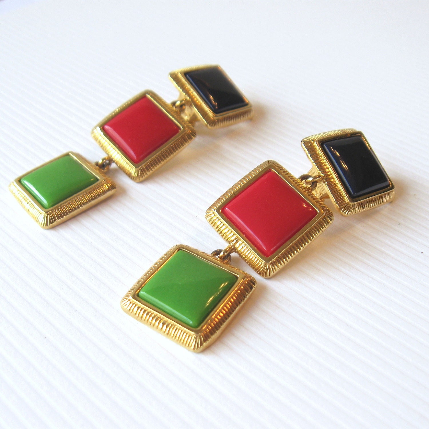 Vintage Liz Claiborne Earrings with Tri Colored Square Dangles - Black - Red - Green
