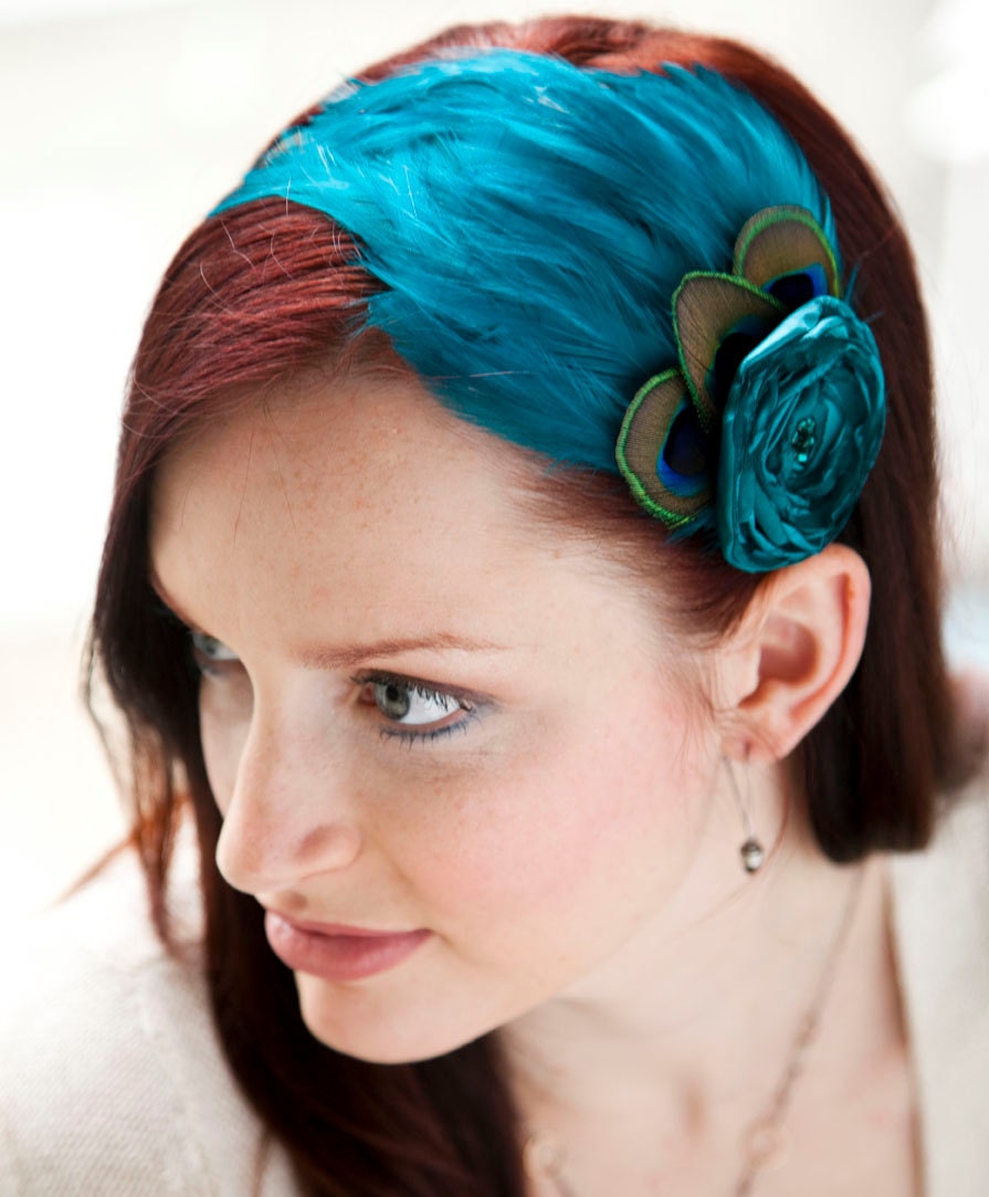 Peacock Blue Feather Headband with flower - Made to order