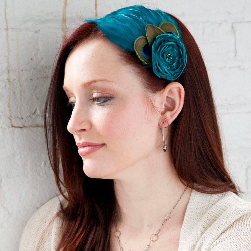 Peacock Blue Feather Headband with flower - Made to order