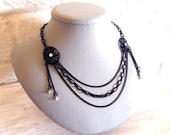 Victorian Inspired necklace Black enamel with crystals- Midnight Candle Lit Ball