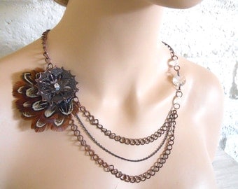 Adventurers Necklace Multi Strand Vintage Inspired Copper, Feathers, with Crystals
