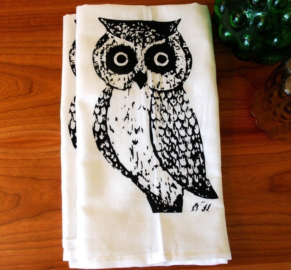 Screen Printed Owl Towel Set of Two- Bar Towel- Dish Towel- Dish Cloth- Bird Towel- Flour Sack Towel- Tea Towel