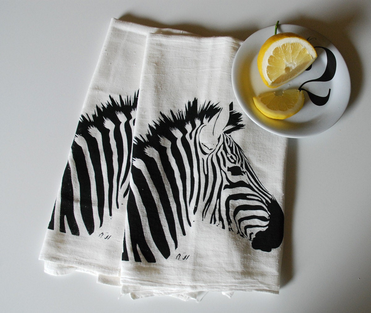 Zebra Hand Screen Printed Tea Towel Pair Black on White- flour sack towel- dish cloth- bar towel- animal towel- foodie gift-