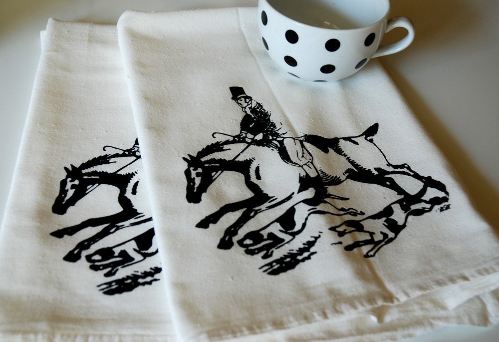 Screen Printed English Horse Rider Bar Towel Set of Two- equestrian-horse- dish cloth- tea towel- kitchen towel- flour sack