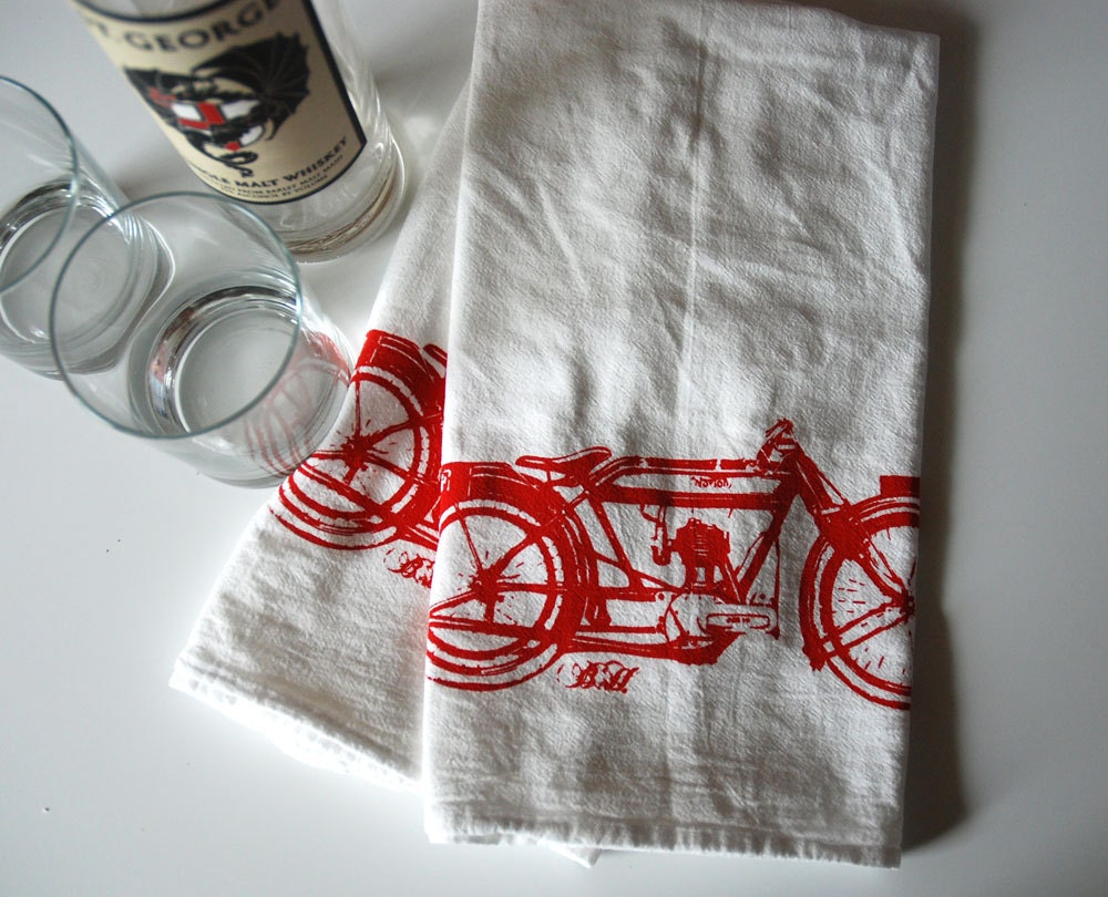 Screen Printed Motobike Bar Towel Set of 2 Red on White- motorcycle- tea towel- floursack towel- dishcloth- towel