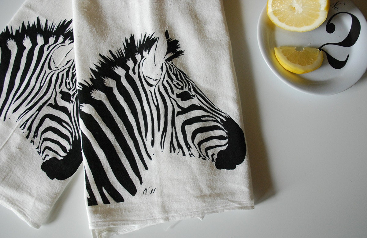 Zebra Hand Screen Printed Tea Towel Pair Black on White- flour sack towel- dish cloth- bar towel- animal towel- foodie gift-