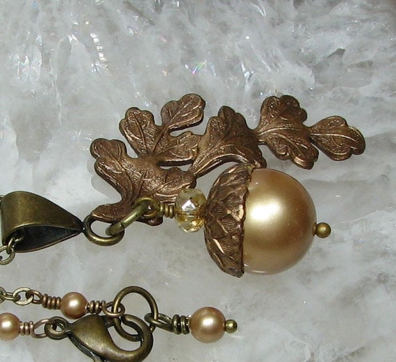 Acorn Necklace Large Golden Oak Leaf Swarovski Pearl Vintage Gold Fancy Brass Soldered Chain Champagne Patina Frosted