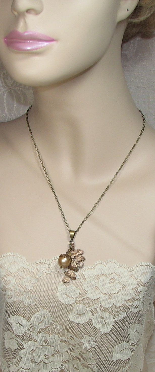 Acorn Necklace Large Golden Oak Leaf Swarovski Pearl Vintage Gold Fancy Brass Soldered Chain Champagne Patina Frosted