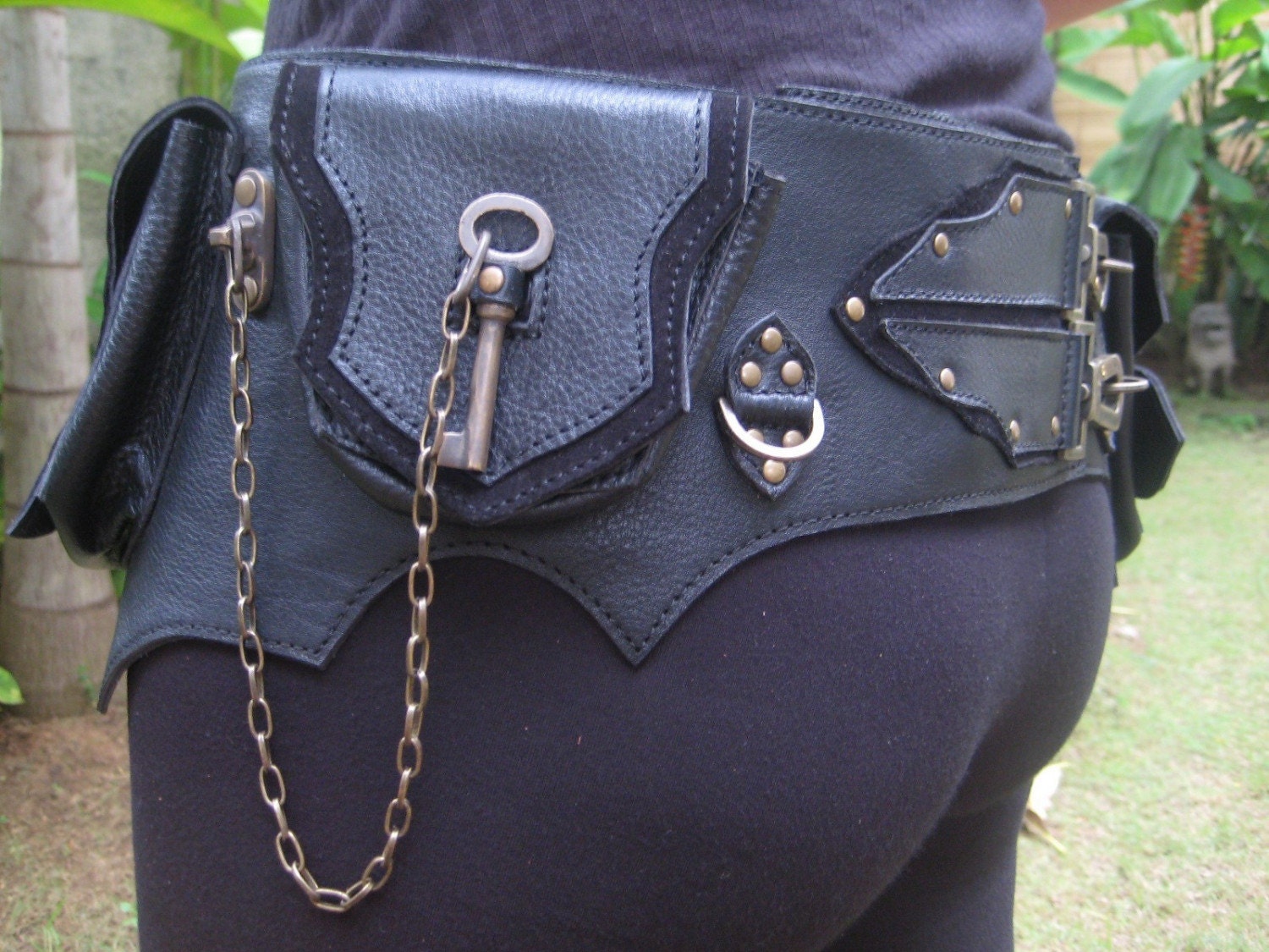 Brass Butterfly Turquoise Belt Bag in Black