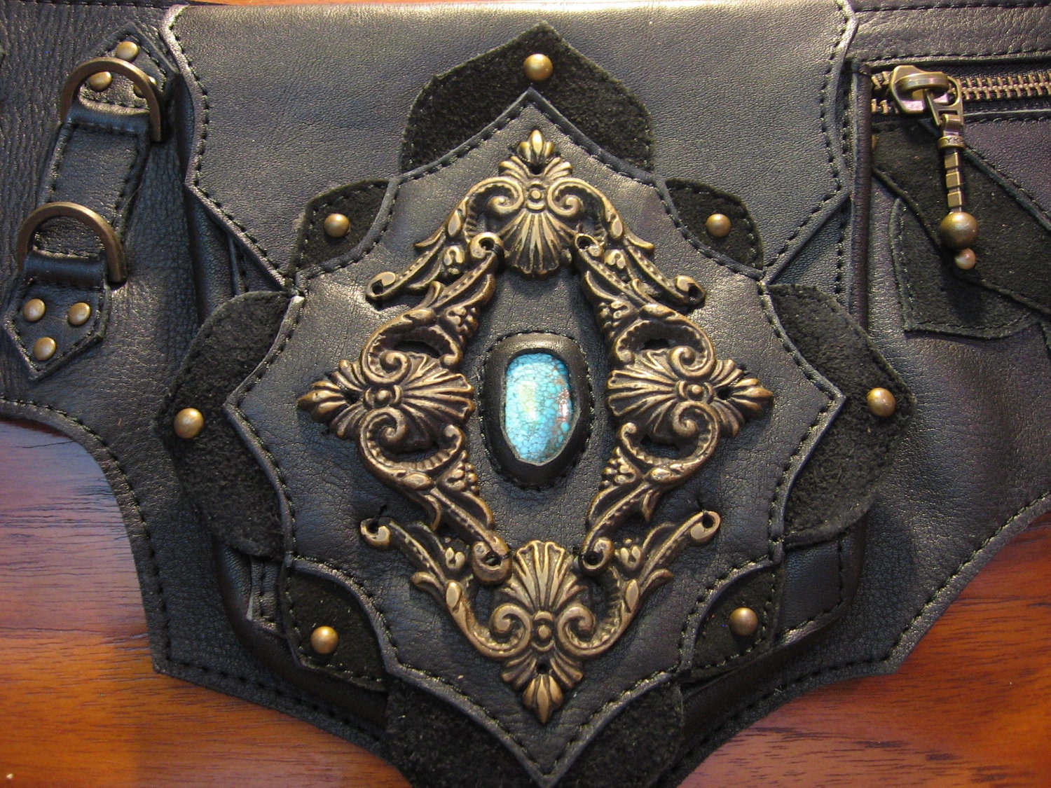 Brass Butterfly Turquoise Belt Bag in Black