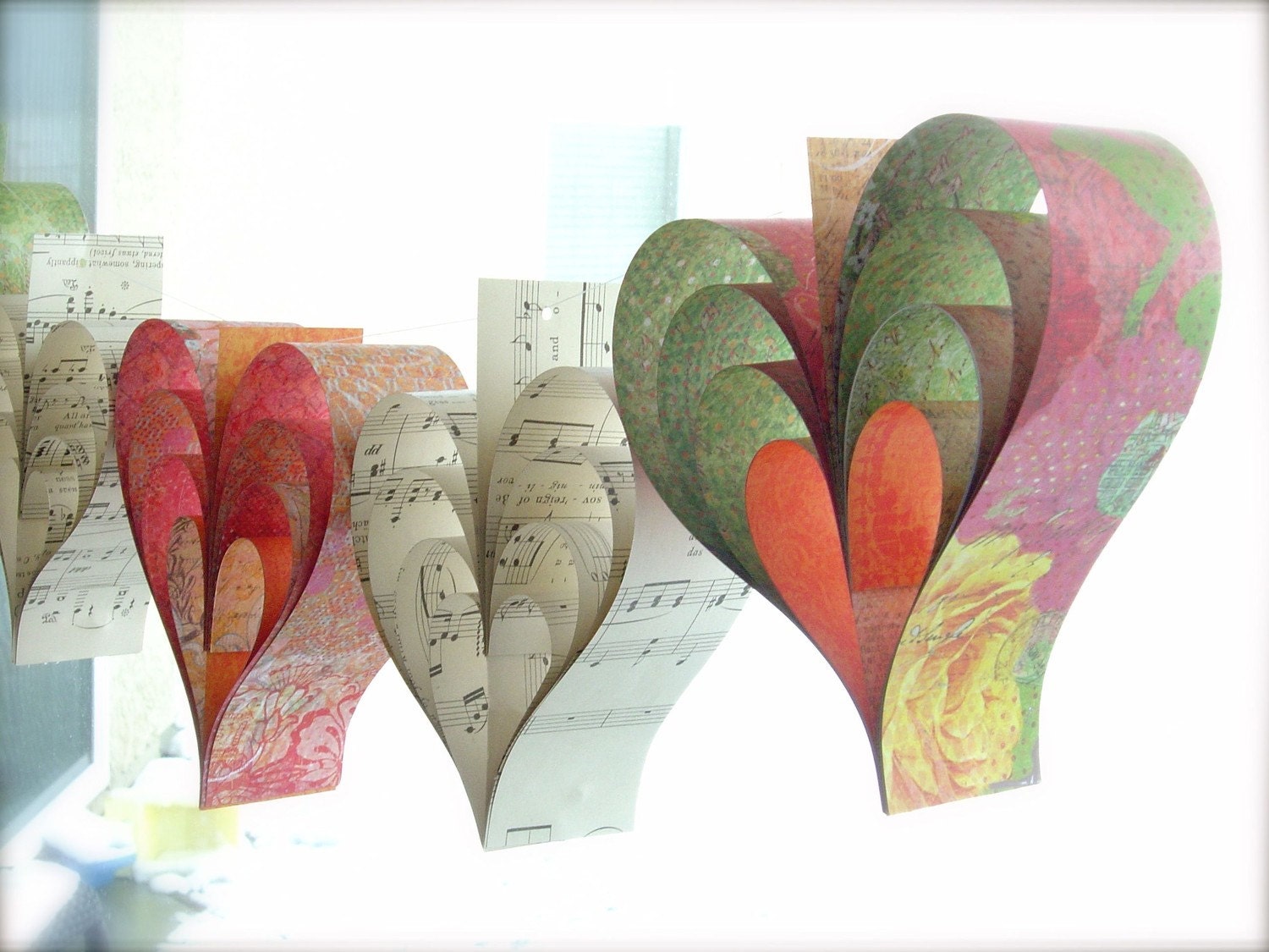 Autumn Paper Hearts Garland Banner Vintage Sheet Music French Paperie Kissed Mango Sangria Hand Crafted Large Hearts Tangerine Photo Props