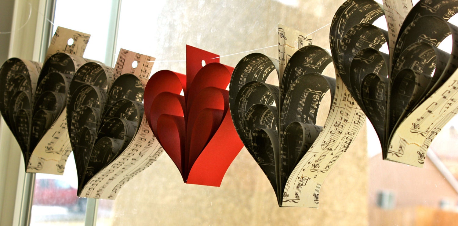 5 PAPER RED HEARTS Valentines Garland Sheet Music French Paperie (custom orders welcome)
