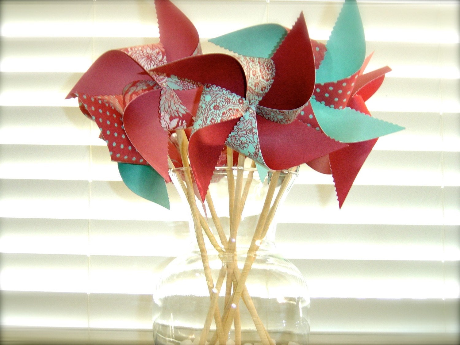 8 Large Twirlable Pinwheels Raspberry Robins Egg Tiffany Blue Polkadots Gourmet Vintage Photo Props Spinning ooak