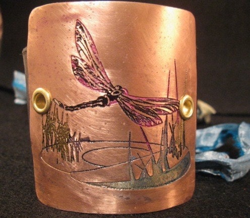 Dragonflies are free handmade etched woman's bracelet cuff
