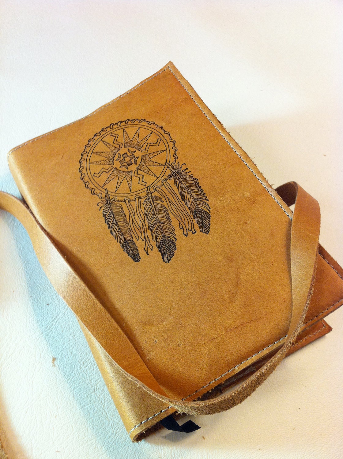 leather journal sketchbook handprinted for you custom dreamcatcher