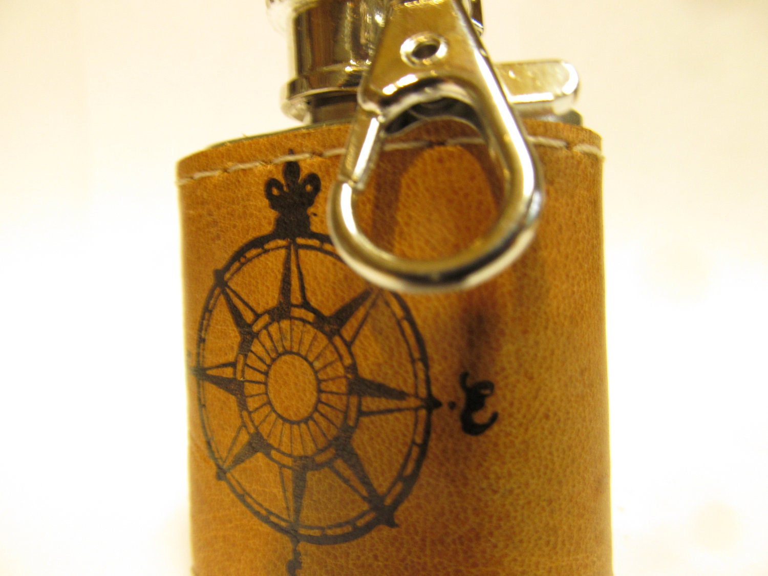 leather handprinted small flask custom initials compass