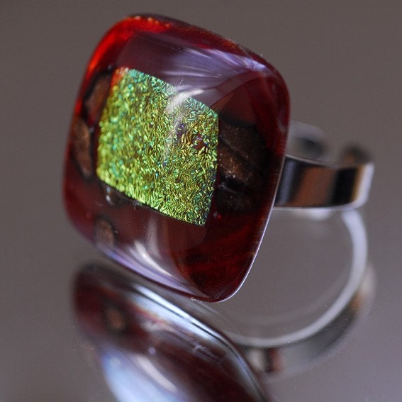 Glass Fused Ring RED TONE, Unique Fused Glass Jewelry