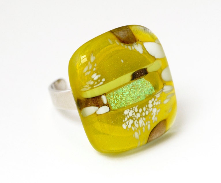 Funky Fused Glass Ring ATOMIC YELLOW, Dichroic Fused Glass Jewelry, Cocktail Ring
