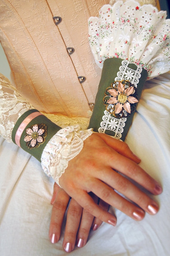 Steampunk Cuffs - Steampunk Victorian Tea Party Cuffs with Shabby Chic Eyelet Lace and Steampunk Clock