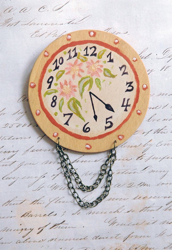 Steampunk Clock Brooch - Shabby Chic Steampunk Hand Painted Clock on Wood with Pink Flowers and Draped Chain