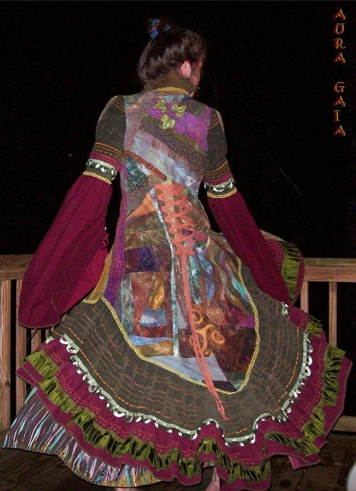 Reserved Forest Fae Festival Coat QUEEN of the WOOD Hemp Patchwork, Ivy, Celtic Triskele, Fairy Bells, Oak Leaf Crown Collar