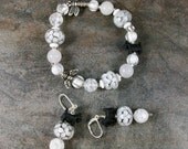 White on White Lampwork, Millefiori and Bugs OOAK Scottie Stretch Bracelet Earring Set - B-151ss