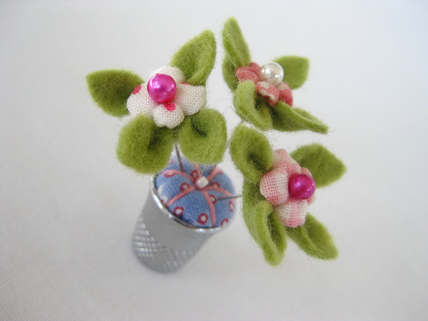 Thimble Full of Fun - A Very Petite Pincushion Bouquet - Periwinkle and Pink