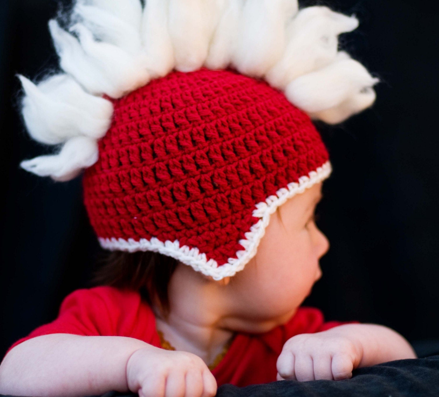 Mohawk Baby Hat Photo Prop, Super Cool Beanie with earflaps in Traditional Red and White, Image by Melissa DePape