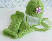 Knit Baby Hat and  Leg Warmers Set, in Lime Green