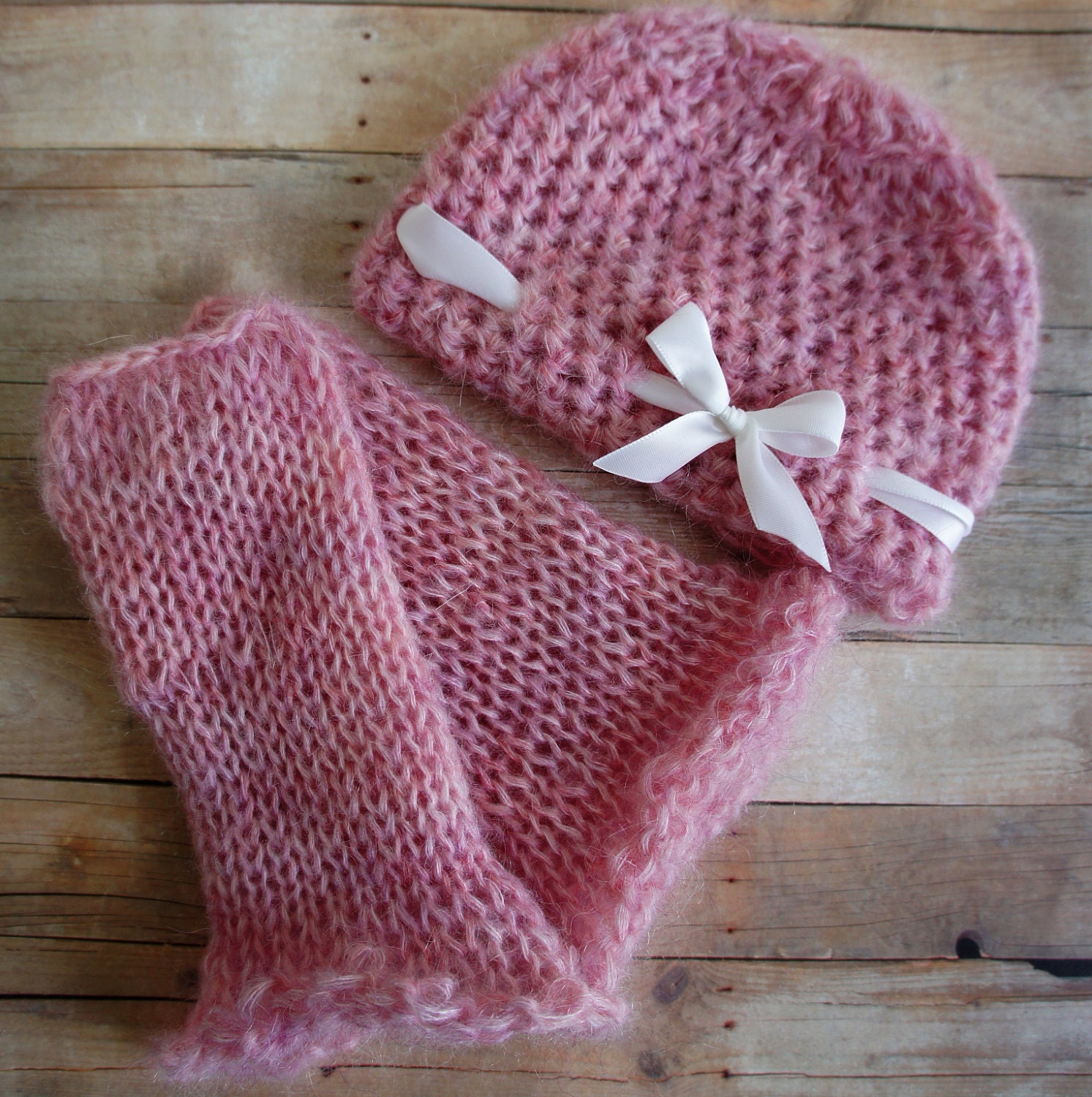 Knit Baby Hat and  Leg Warmers Set, in Sweet Pink, Fuzzy and Chunky