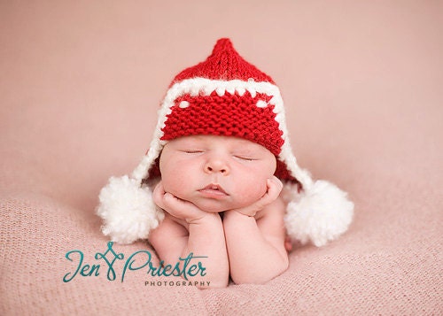 First Christmas Newborn Baby Hat Photo Prop, Knit Baby Hat in Red and White