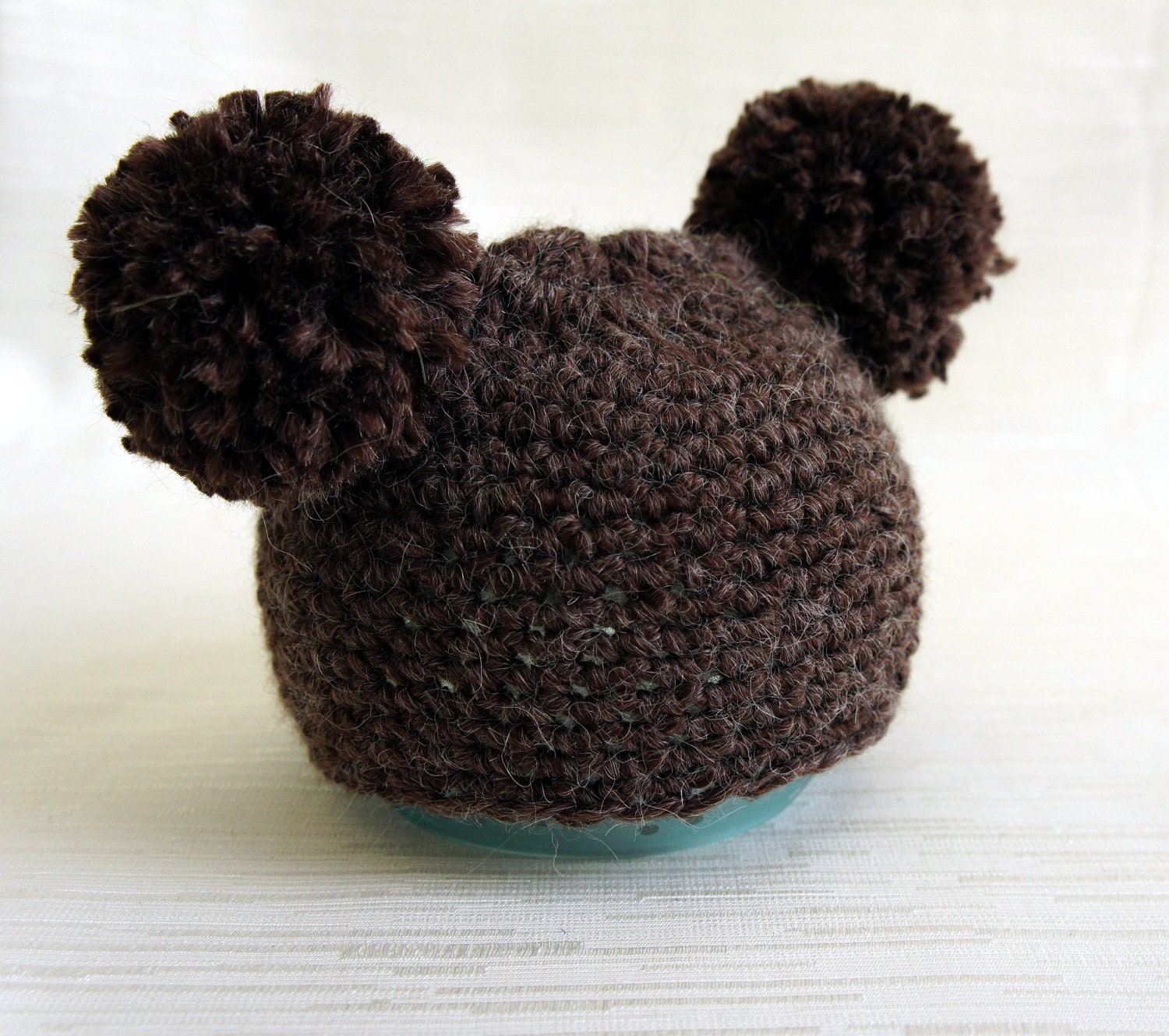 Pom Pom Knit Baby Hat, Baby Photo Prop, Bear Hat in Brown