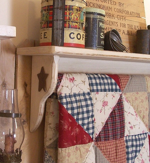 Primitive Quilt Shelf Rack Handmade Shabby Chic Antique White Wooden Wall Shelf Stars