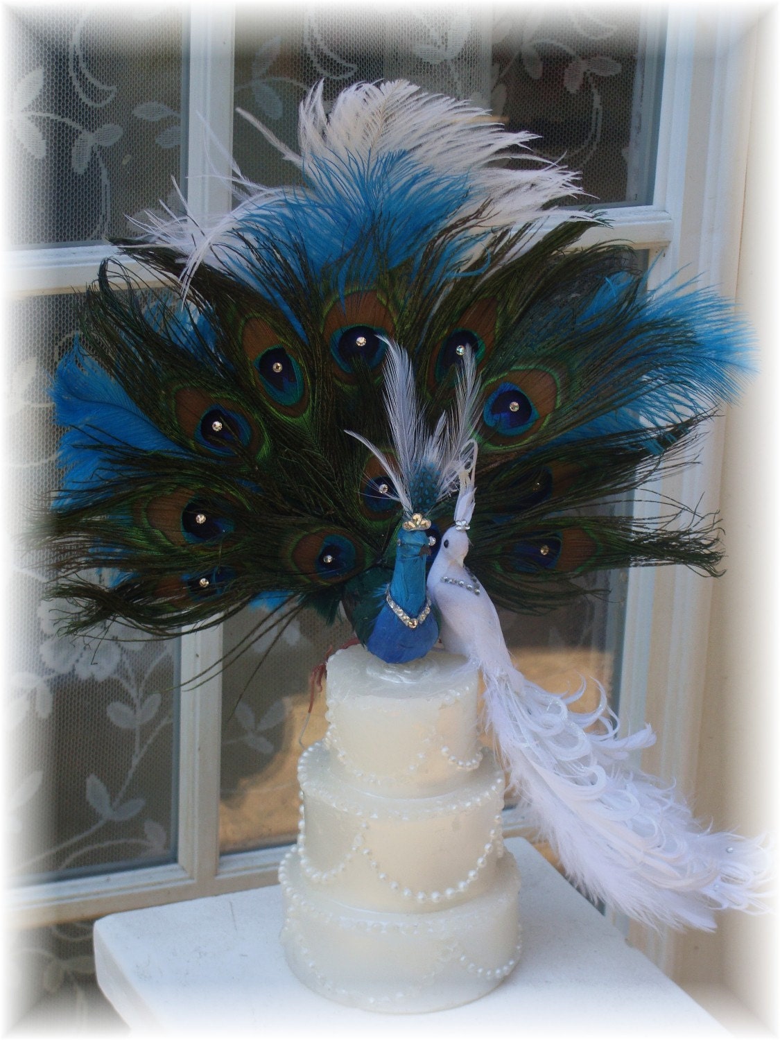 Peacock Cake topper exquisite pair Accented in Your Wedding Colors