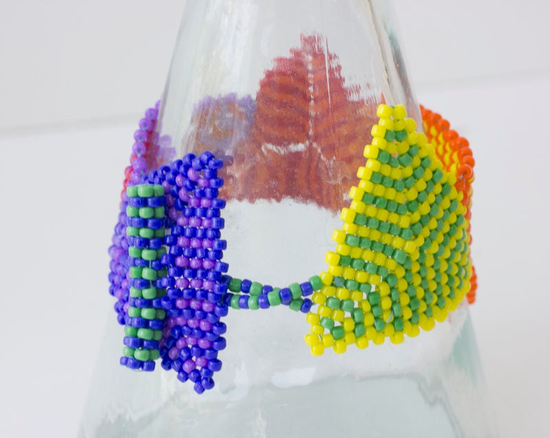 Rainbow Triangle Bracelet, Geometric Bracelet, Hand Woven Beadwork Peyote Stitch Neon Cuff