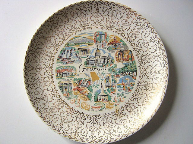 10" State of Georgia Historical Decorative Plate White and Gold Trim