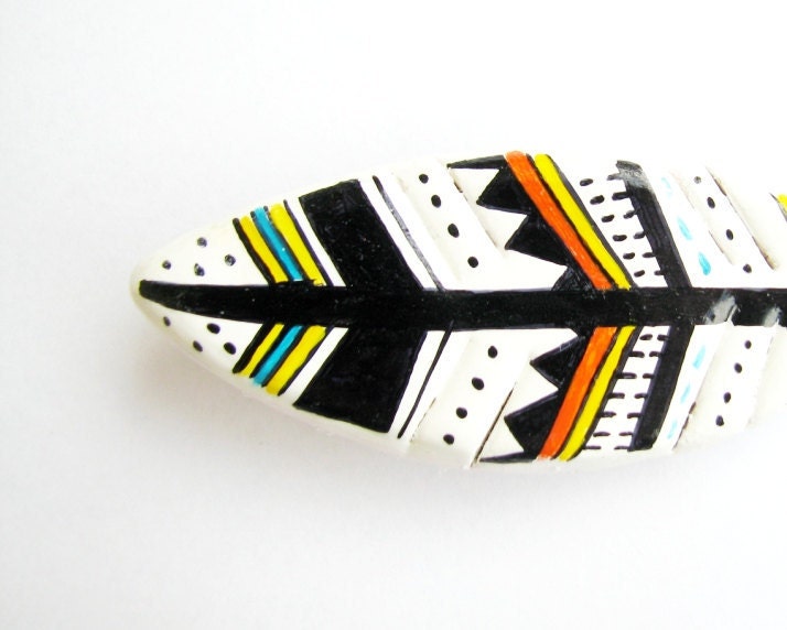 Multicolor hand painted feather brooch - yellow , orange and blue geometric pattern air-dried clay